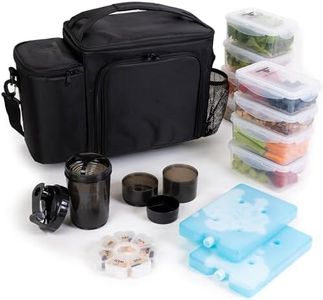 ThinkFit Large Black Meal Prep Lunch Bag, 8 Portion Control Containers, Pill Dispenser, Shaker Cup & 2 XL Reusable Ice Packs