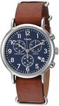 Timex Weekender Chrono Quartz Analog Watch with Leather Strap, Brown/Silver/Blue, 40 mm (Model: TW2R63200), Brown/Blue/Silver-Tone, 40 mm, Analog Watch