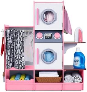 Lil' Jumbl Kids Washer and Dryer Playset, Wooden Children's Pretend Laundry Set, Includes Broom, Dustpan, Iron, Hangers & Basket, Realistic Laundry Room for Kids - Pink