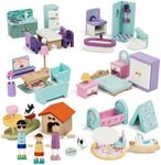 Lehoo Castle Wooden Dollhouse Furniture Set 39 Pcs with 5 Rooms, Family Dolls & Pets, All-Wooden Doll House Accessories and Furniture, Pretend Play Dollhouse Accessories Toy Gift for Kids 3+