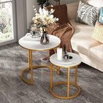 Dime Arts Shoppee Round Nesting Table Simple Modern Small Round Table MDF Top Metal Table Living Room Sofa Set of 2 (Golden White)