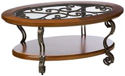 Signature Design by Ashley Nestor Traditional Oval Coffee Table with Beveled Glass Top, Scrollwork Underlay and 1 Fixed Shelf, Dark Brown