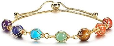 JSDDE 7 Chakra Crystals Bracelet 14K Gold Reiki Healing Crystal Gemstone Adjustable Link Bracelets for Yoga Meditation