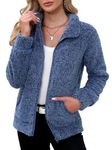 Mainfini Autumn Women's with Pockets Teddy Fleece Full Zip Coat Causal Lightweight Microfleece Sweater Top Blue XXL