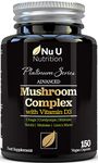 Mushroom Complex Supplement - 150 Vegan Capsules - High Potency Superblend of Lion's Mane, Chaga, Cordyceps, Shiitake, Reishi, Maitake with Vitamin D - Made in The UK - Nu U Nutrition