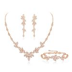 EVER FAITH Cubic Zirconia Bridal Jewelry Set for Bride Bridesmaid, Elegant Marquise Leaf Necklace Dangle Earrings Bracelet Set Prom Costume Jewelry Gifts for Woman Clear Rose Gold-Tone