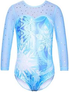 TFJH E Girls Gymnastic Leotards 3/4 Sleeve Mesh Practice Outfits 8-9y, SnowflakeBlue 10A