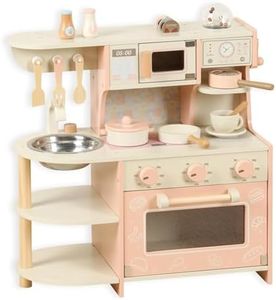 Play Kitchen, Wooden Pretend Play Kitchen, for Toddlers with Realistic Design, Cooking Accessories, Coffee Maker, Oven, Microwave, Sink & Accessories, Kids Kitchen Playset for Boys Girls. (P)