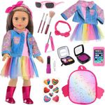 15 Pcs American 18 Inch Doll Makeup Accessories Set and Doll Clothes Includes Skirt, Backpack Carrier for 18 Inch Doll Makeup Doll Accessories for Girl (No Doll)