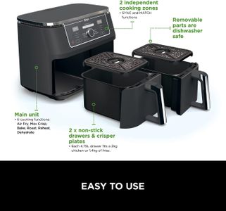 Ninja Foodi MAX Dual Zone AirFryer, 9.5L, 6-in-1, 2 Drawers – Non-Stick, Black