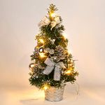 Mrinb 45CM Small Christmas Tree with Lights,Mini Desktop Decoration Tree with Star Tree Topper, Balls, Bows, Pine Cones for Home Office Shopping Bar Christmas Decorations(Silver)