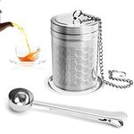 1PCS Tea Infusers for Loose Tea with 1PCS Sealing Clip Spoon Stainless Steel Tea Strainer Extra Fine Mesh Tea Ball with Tray Chain Hook Tea Filters for Brew Tea Spices Seasoning