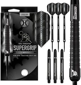 Harrows SUPERGRIP BLACK EDITION 90% Tungsten Steel Tip Darts Set. Available in 21g, 22g, 23g, 24g, 25g, 26g, 28g & 30g - Includes Supergrip Shafts & Supergrip Flights-24g