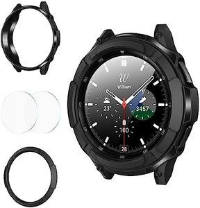 Goton 3 in 1 Accessories for Samsung Galaxy Watch 4 Classic 46mm, 1 Rugged TPU Armor Bumper Case Cover +2 Tempered Glass Screen Protector Films + 1 Bezel Ring for Galaxy Watch4 Classic 46mm Black