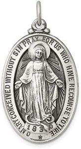RP 925 Sterling Silver Polished Antiqued-Finish Raised Figure Miraculous Virgin Mary Double Sided Oval Pendant Medal; 14mm X 23mm