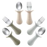 PandaEar Baby Toddler Fork and Spoon Utensil Set, 6 Pack Silicone Stainless Steel Silverware Spoon Fork for Babies Toddler, BPA Free with Silicone Holding Anti-Choke Design (Light Tan&Walnut&Grey)