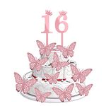 Pop The Party 16th Birthday Cake Decorations Rose Gold Supplies Big Set with 12 Butterfly Cake Topper and 16 Digit Cake Topper