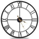 Geevon Large Black Metal Wall Clock for Living Room Decor, Silent Non Ticking Analog Wall Clock Battery Operated, Rustic Metal Wall Clock for Bedroom, Kitchen, Office (Roman Numerals - 75cm)