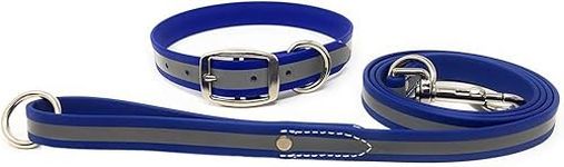 Heavy Duty Reflective Dog Collar – Adjustable with Metal Buckle and D Ring, Chew Resistant, Waterproof Dog Collar for Small Medium and Large Dogs (Medium Collar and Leash, Blue)