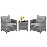 Tangkula 3 Pieces Patio Furniture Set, Outdoor PE Rattan Conversation Chair Set with Tempered Glass Side Table & Removable Cushions, Wicker Chairs for Porch, Balcony Garden, Mix Grey (HW70267GR)