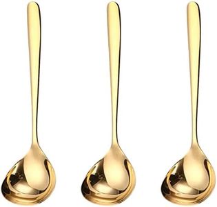 GuDoQi Soup Ladle, 3 Pack Durable 304 Stainless Steel with Polished Titanium Plated Big Volume Soup Spoon, Kitchen Gadget Utensil,8 Inch, Gold