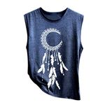 Lazzboy Women Tank Top Moon Cycle/Cat/Fox/Feather Sleeveless Round Neck Vest Camis Size 8-16 Loose Ladies Blouse Shirt(2XL(16),Navy-Feather)