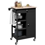 HOMCOM Rolling Kitchen Cart with Storage, Wood Top Coffee Cart on Wheels, Small Kitchen Island with Cabinet, Drawer, 3 Open Shelves and Towel Rack (Black)