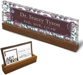 Artblox Personalized Office Desk Name Plate and Business Card Holder | Clear Acrylic Glass with Teak Wood Stand | Vintage Design Customized with Your Name and Credentials Office Desk Décor