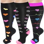 3 Pairs Plus Size Compression Socks for Women and Men, 20-30 mmHg Wide Calf Extra Large Knee High Stockings for Running Skipping Cycling