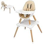 COSTWAY 4 in 1 Convertible High Chair, Multi-Functional Dining Highchair with Adjustable Legs, Detachable 4-Position Tray, 5-Point Seat Belt, Wooden Feeding Chair for Baby, Infants, Toddlers (Khaki)