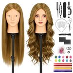 TwoWin Hairdressing Training Head, 26" 80% Real Hair Make-upable Mannequin Head, Wig Styling Head with Clamp and DIY Braiding Set (Brown)
