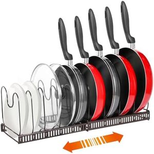 Pot and Pan Organizer Rack for Cabinet, Expandable Pot Lid Kitchen Cabinet Organizer Holder with 12 Adjustable Compartment, for Cast-Iron Pan, Cutting Board, Heavy Cookware (Brown)