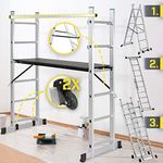 Timbertech® Multi-Purpose Scaffold & Ladder - 4-Way Combination, Adjustable Height (46-102 cm), 150 kg (330 lb) Capacity, Mobile, Aluminium - Mini Scaffold Tower, Work Platform