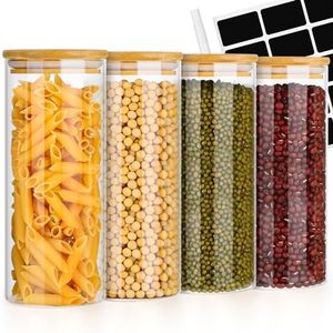 Avmvnvc Bocaux en Verre - Lot de 4 Bocal en Verre avec Couvercle en Bambou - Bocaux Rangement Cuisine - Pot en Verre avec Couvercle pour Pâtes, Céréales, Thé, Haricots (900ml×4)