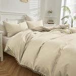 Beige Duvet Cover King Size 3 Pcs Pom Pom Bedding Tassels Quilt Cover Soft Cozy Microfiber Bedding with Zipper Closure for Home Decor (220x230cm)