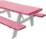 Sorfey Vinyl Picnic Table and Bench Fitted Tablecloth Cover, Checkered Design, Flannel Backed Lining, 28 x 72 Inch, 3-Piece Set, Red