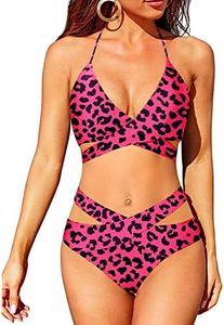 Holipick Two Piece Bikini Sets for Women High Waisted Bikini Push Up Swimsuit Halter Wrap Criss Cross Bathing Suit, Pink Leopard, Medium