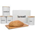 Bread Box (Extra Large) and 4 Piece Kitchen Canister Set w Bread Cutting Board- Deluxe Food Storage Containers with Air Tight Bamboo Lids