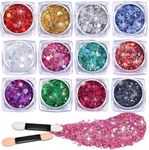 LEOBRO 12Pcs Chunky Body Glitter Face Glitter Body Glitter Gel, Festival Glitter for Face Eye Body, Hair Glitter Sequins for Make up Glitter for Face Body Hair Eye Chunky Glitter Gel 3MM/2MM/1MM/0.2MM