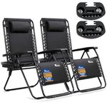 SUNMER Padded XXL Sun Lounger Garden Chairs - Extra Wide Set of 2 Zero Gravity Chairs with Cup & Phone Holder, Adjustable Headrest & Pillow - Folding Deck Recliner Outdoor Seating - Black