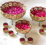 Next In Crafts Lotus Urli With Stand And 7 Votive Candle For Home And Office Decoration Pot For Floating Flower And Candles Pot Pourri Bowl Showpiece Festive Decor Bowl [ Pack Of 13 ], Gold