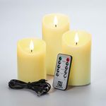 Guluto Rechargeable Candles, Flickering Flameless Candles with 10-Key Remote and Timer, Real Wax LED Candles with 3D Wick, Pillar Candles for Wedding, Christmas Decor Set of 3