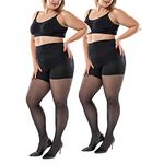 ibonas Plus Size Control Top Tights, 2 Pack 40D Queen Size Support Nylon Hosiery Pantyhose, for Chubby Girls, Women, Black, X-Large-3X-Large Plus