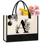 Personalized Initial Canvas Tote Bag, Suitable for Birthday, Wedding, Beach, Holiday, Great Birthday Gifts for Women, Mom, Teachers, Nurses, Best Friends, Bridesmaids (A)