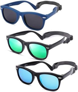 NULOOQ Polarized Baby Sunglasses with Strap - Unbreakable Flexible Infant Sunglasses for Toddlers Age 0-24 Months (Blue/Gray + Black/Green + Black/Blue) - 3 Pack