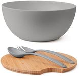 Clean Dezign 11.5" Large Salad and Serving Bowl with Bamboo Wood Lid and Servers Set - Bamboo Fiber Mixing Bowl and Utensils with Wooden Cutting Board Top (Large, Grey)