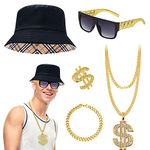 Hip Hop Costume Kit for Women Men, 80s/90s Chunky Rapper Gangster Accessories Set Fancy Dress with Bucket Hat Dollar Sign Necklace Sunglasses Gold Bracelet Ring Outfits for Disco Theme Dress Up Party