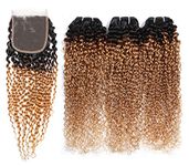 YanT HAIR 8A Grade Peruvian Virgin Hair Kinky Curly Ombre Colors Human Hair Weave Bundles 10 12 14 with 10" Free Part 4X4 Lace Closure (10 12 14+10" Closure, #T1b/27 Ombre Honey Blond Color)