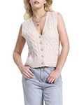 Locachy Women's V Neck Button Front Sleeveless Soft Cable Knit Sweater Vest Crop Top, Light Khaki, Small