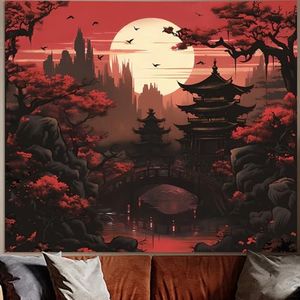 Avinyl Black Red Japanese Anime Tapestry for Bedroom Aesthetic, Sunset Forest Wall Art Decor Tapestries Wall Hanging, Dark Nature Landscape Mountain Backdrop for Living Room Girls Boys Dorm Office